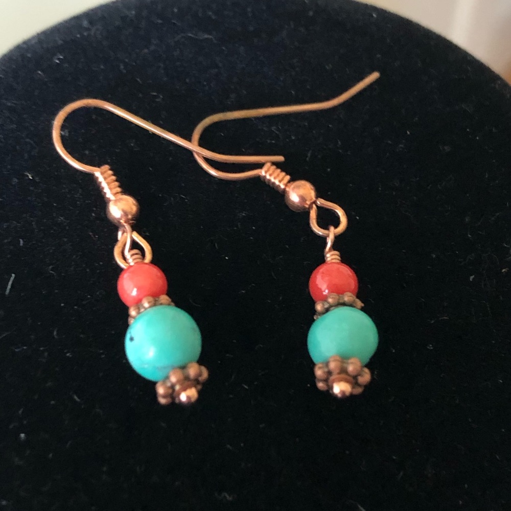 New Turquoise, Coral, and Copper Earrings